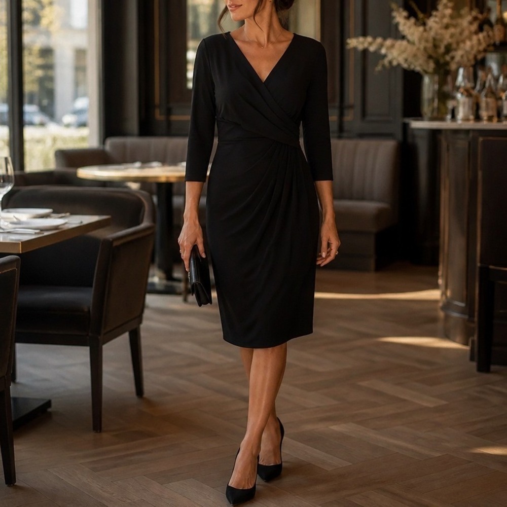 Lauren Ralph Lauren Sheath Dress Women 14 Black Wrap Cocktail Classic LBD Event